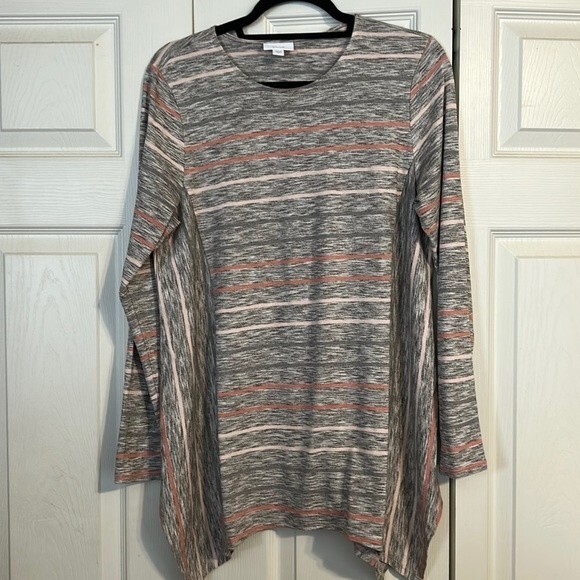 PURE JILL Size Medium Gray Tunic Peach Stripes Crewneck Pullover Modal Cotton - Picture 1 of 7